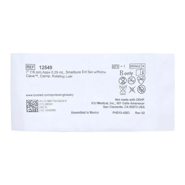 7″ (18 Cm) Appx 0.29 Ml, Smallbore Ext Set W/Remv Clave, Clamp, Rotating Luer, 50/Cs