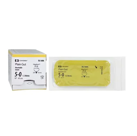 Absorbable Suture with Needle Premium Plain Gut P-13 3/8 Circle Precision Reverse Cutting Needle Size 5 – 0, SG-5686, BX/1