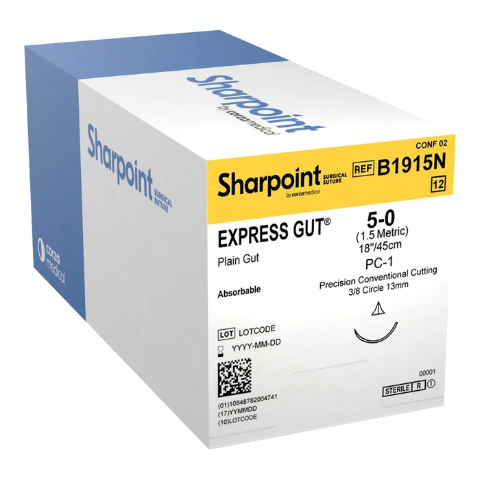 Absorbable Suture with Needle Surgical Specialties Plain Gut PC-1 3/8 Circle Precision Conventional Cutting Needle Size 5 – 0, 12/Box