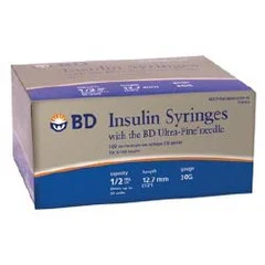 BD Insulin Syringe with Needle Ultra-Fine 0.5 mL 30 Gauge 1/2″ Attached Needle Without Safety, 1/BG
