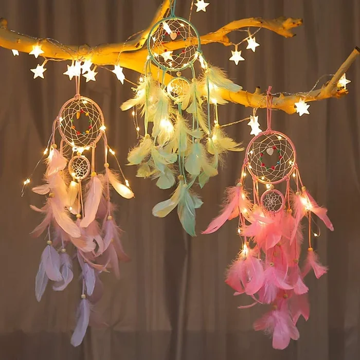 Dream Catcher LED Night Light Indian Style Dreamcatcher Handmade Wind Chimes Hanging Pendant Home Wall Art Decorations