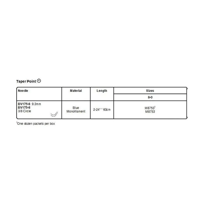 Ethicon Prolene Non-Absorbable Suture, Taper Point, 3/8 Circle, 9.3mm, 60cm, Size 8-0, 12/bx