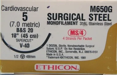 Ethicon Stainless Steel Suture, Tapercut, 1/2 Circle, 48mm, 45cm, Size 5, 12/bx