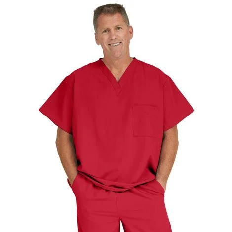 Medline Fifth Ave Unisex Stretch Fabric V-Neck Scrub Top with One Pocket – Red