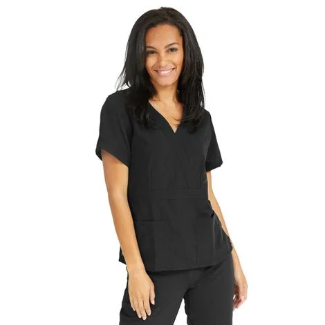 Medline Park Ave Womens Stretch Fabric Mock Wrap Scrub Top – Black