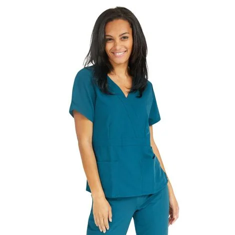 Medline Park Ave Womens Stretch Fabric Mock Wrap Scrub Top – Caribbean Blue