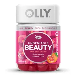 OLLY Dietary Supplement OLLY® Undeniable Beauty® Biotin / Vitamin C / Vitamin E / Keratin 2500 mcg – 15 mg – 7.5 mg – 50 mg Strength Gummy 60 per Bottle Grapefruit Glam Flavor
