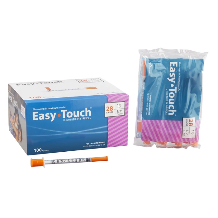Standard Insulin Syringe with Needle EasyTouch 1 mL 1/2 Inch 28 Gauge NonSafety Thin Wall