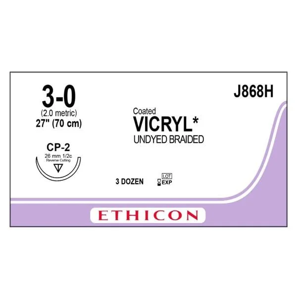Vicryl Suture 3-0 27″ Polyglactin 910 Braid CP-2 Undyed 36/Bx