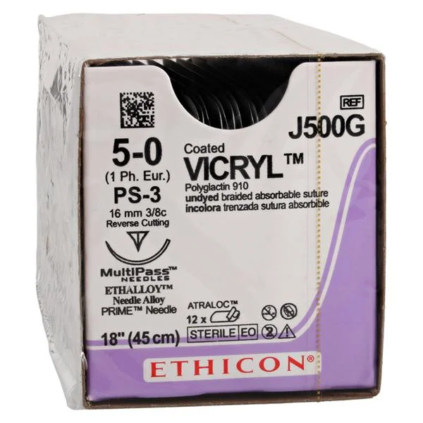Vicryl Suture 5-0 18″ Polyglactin 910 Braid PS-3 Undyed 12/Bx