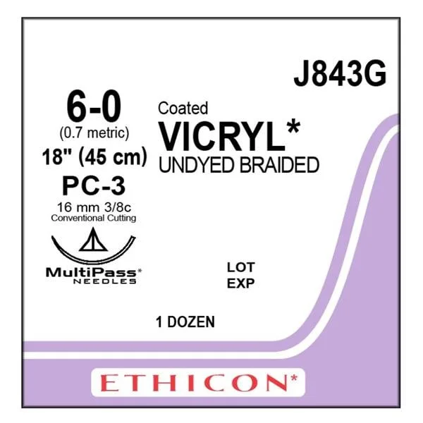 Vicryl Suture 6-0 18″ Polyglactin 910 Braid PC-3 Undyed 12/Bx