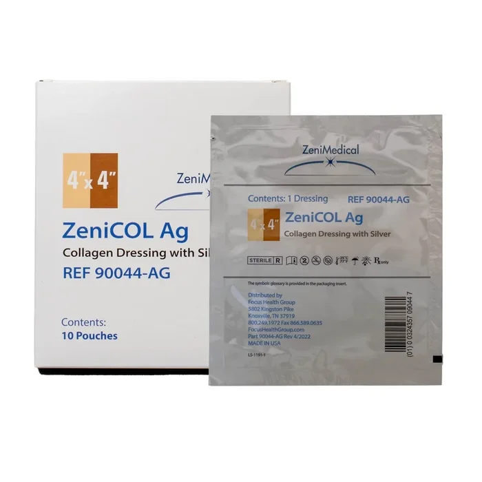 Zeni Medical ZeniCOL Ag 4″ x 4″ collagen dressing with silver